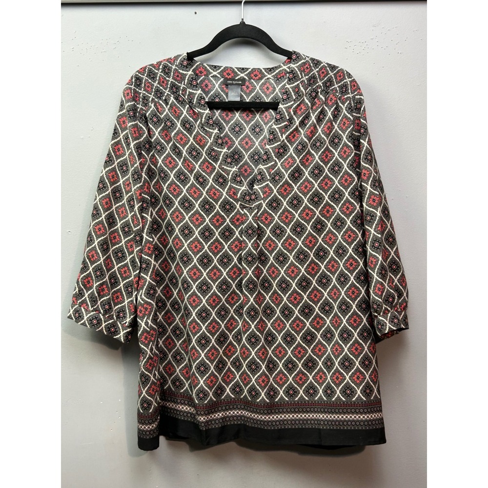 Ann Taylor Women's L Geometric Print Tunic Top 3/4 Sleeve V Neck Polyester